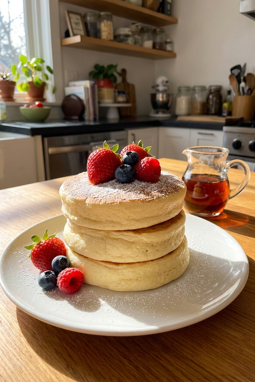 A real photograph of a tall stack of Japanese soufflé pancakes on a white plate, lightly dusted with powdered sugar, topped with a few fresh berries, with a small pitcher of maple syrup in the background on a sunlit kitchen table