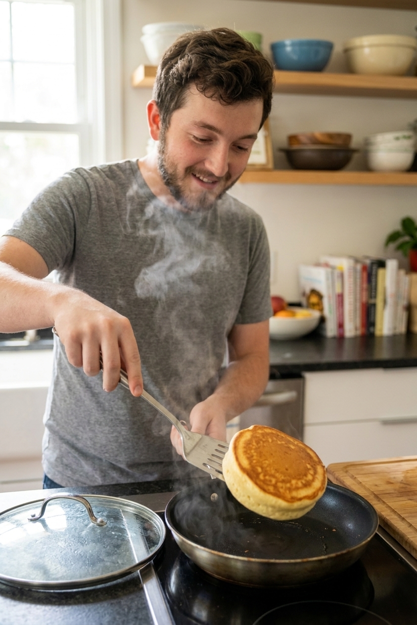 A real photograph of a thick Japanese soufflé pancake being gently flipped with a spatula in a nonstick skillet, with steam rising and a lid nearby