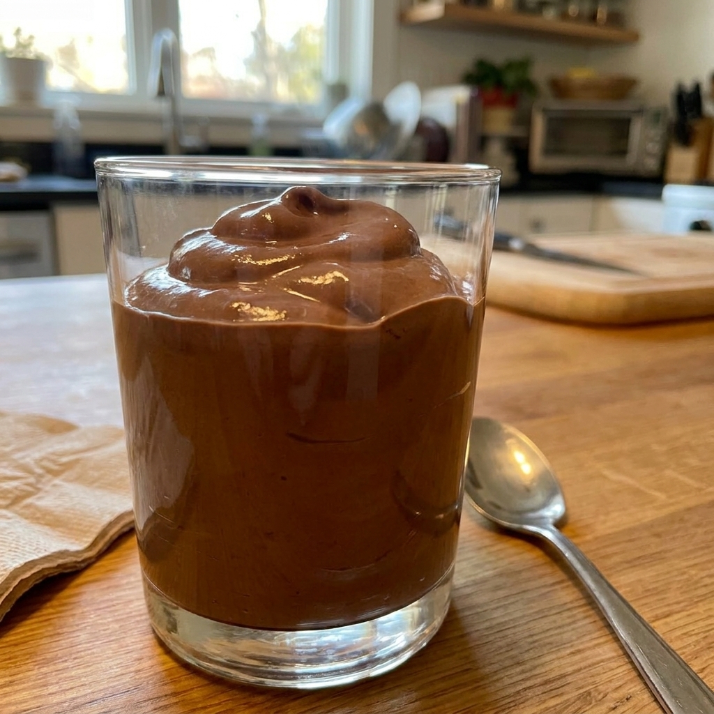 A real photograph of a thick chocolate Frosty-style dessert in a clear glass, glossy and spoonable, with a spoon resting beside it on a kitchen counter