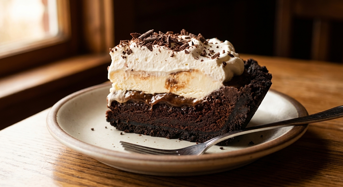 A real photograph of a thick slice of Mississippi mud pie on a dessert plate, showing a dark cookie crust, a dense flourless chocolate layer, a glossy coffee fudge ripple, and vanilla ice cream topped with whipped cream, with a few chocolate shavings on top