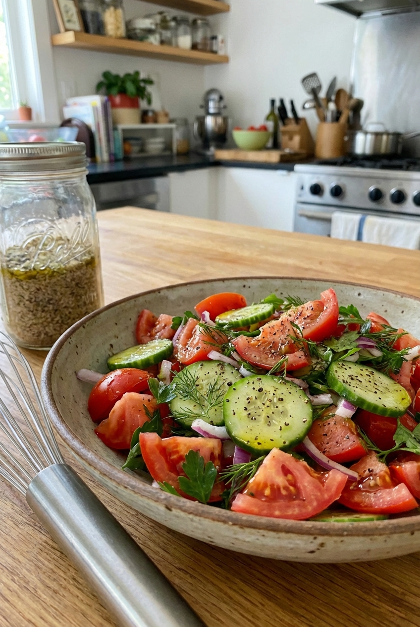 A real photograph of a tomato and cucumber salad in a bowl with herbs and vinaigrette