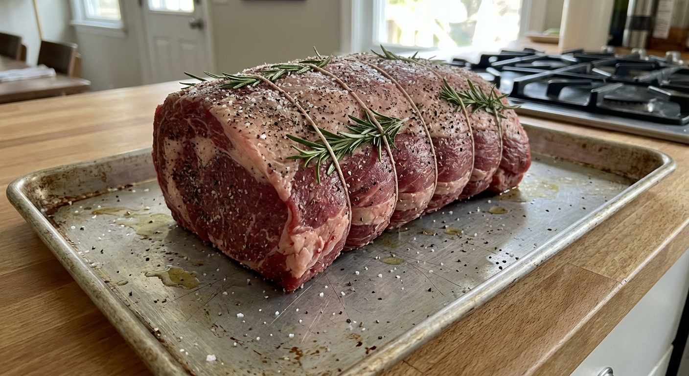 A real photograph of a top sirloin roast tied with butcher twine and seasoned with salt, pepper, and rosemary on a rimmed baking sheet