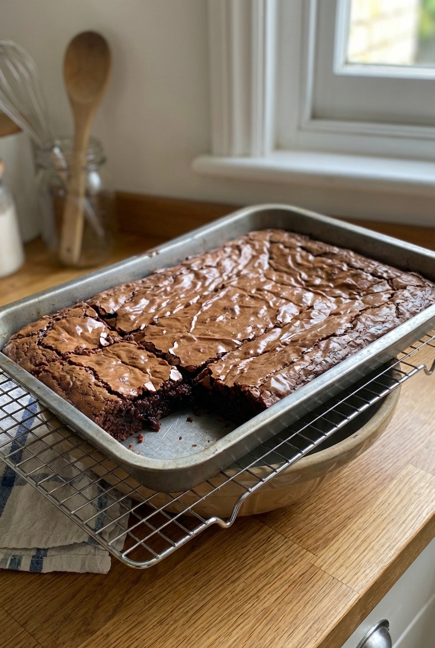 A real photograph of a tray of brownies with crackly tops cooling on a rack