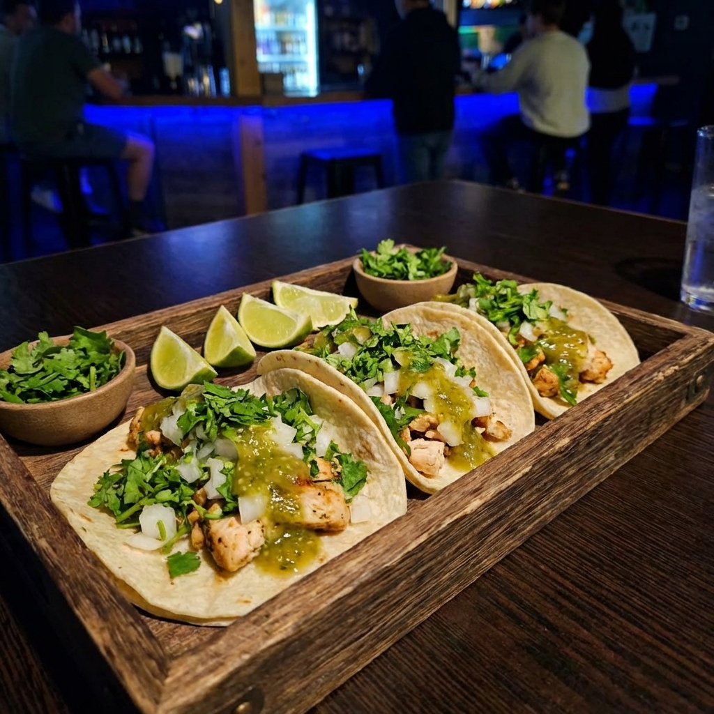 A real photograph of a tray of chicken tacos with cilantro and lime wedges