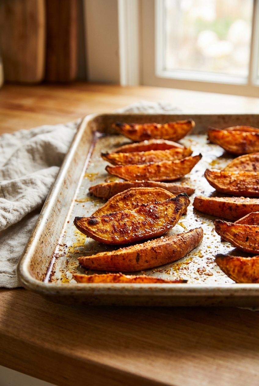 A real photograph of a tray of crispy oven roasted sweet potato wedges with chili seasoning
