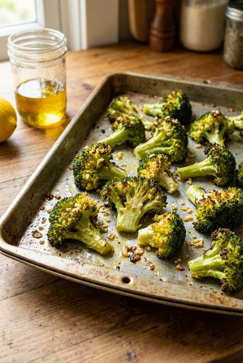 A real photograph of a tray of golden roasted broccoli with crisp edges
