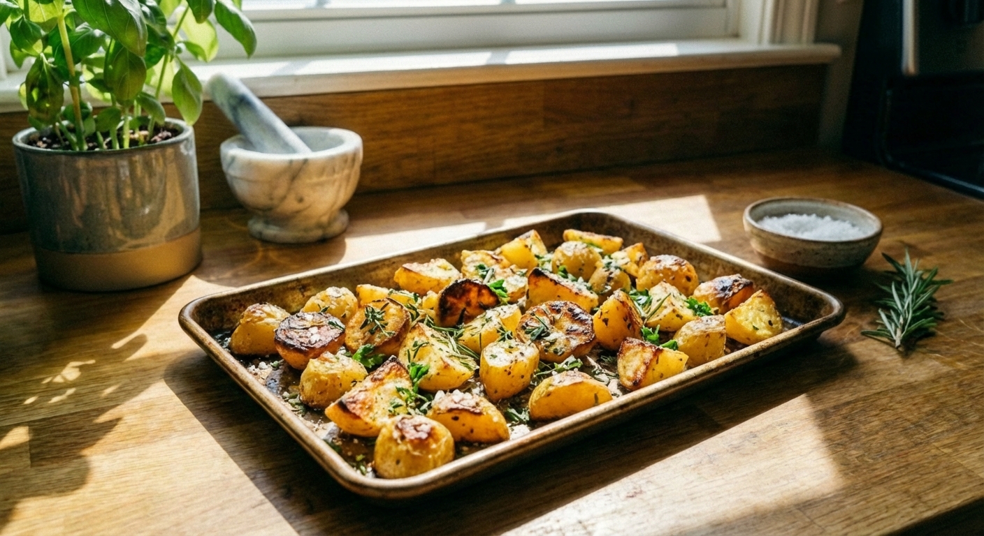 A real photograph of a tray of golden roasted potatoes with crisp edges and chopped herbs