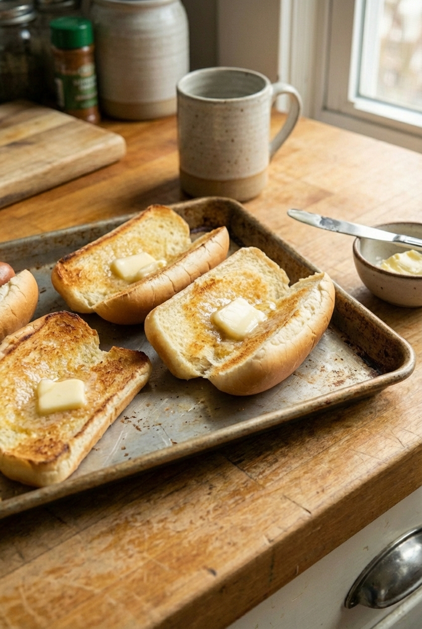 A real photograph of a tray of toasted hot dog buns with butter