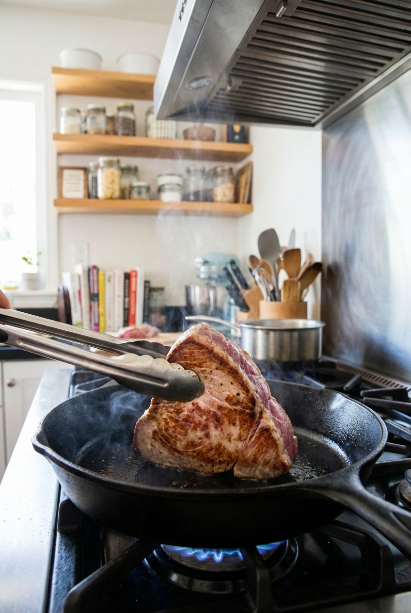 A real photograph of a tuna steak being flipped in a hot skillet with browned edges and a light wisp of steam
