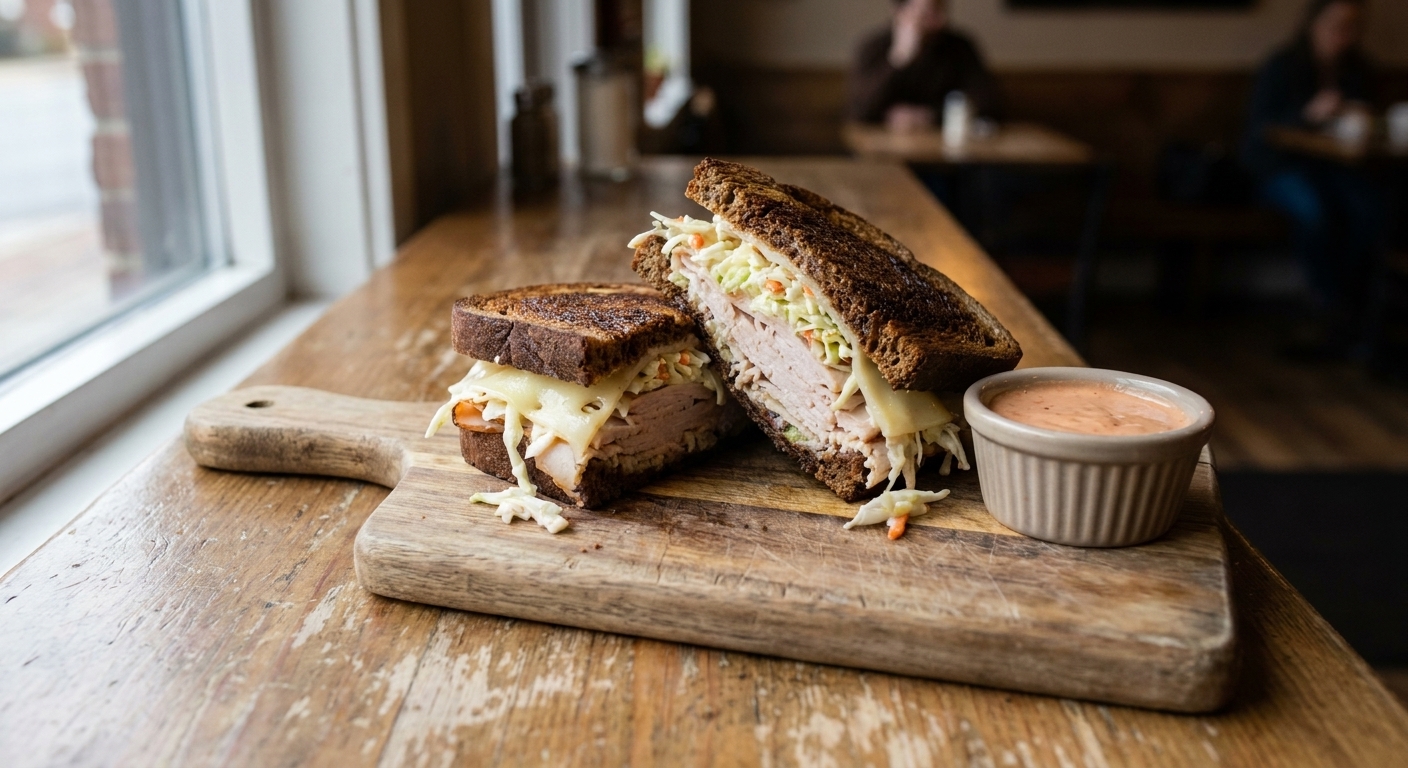 A real photograph of a turkey Rachel sandwich cut in half on a wooden board, with grilled rye bread, melted Swiss, tangy slaw spilling slightly, and a small ramekin of Russian-style dressing on the side, natural window light