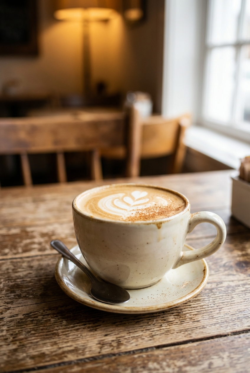 A real photograph of a vanilla latte in a ceramic mug on a wooden table