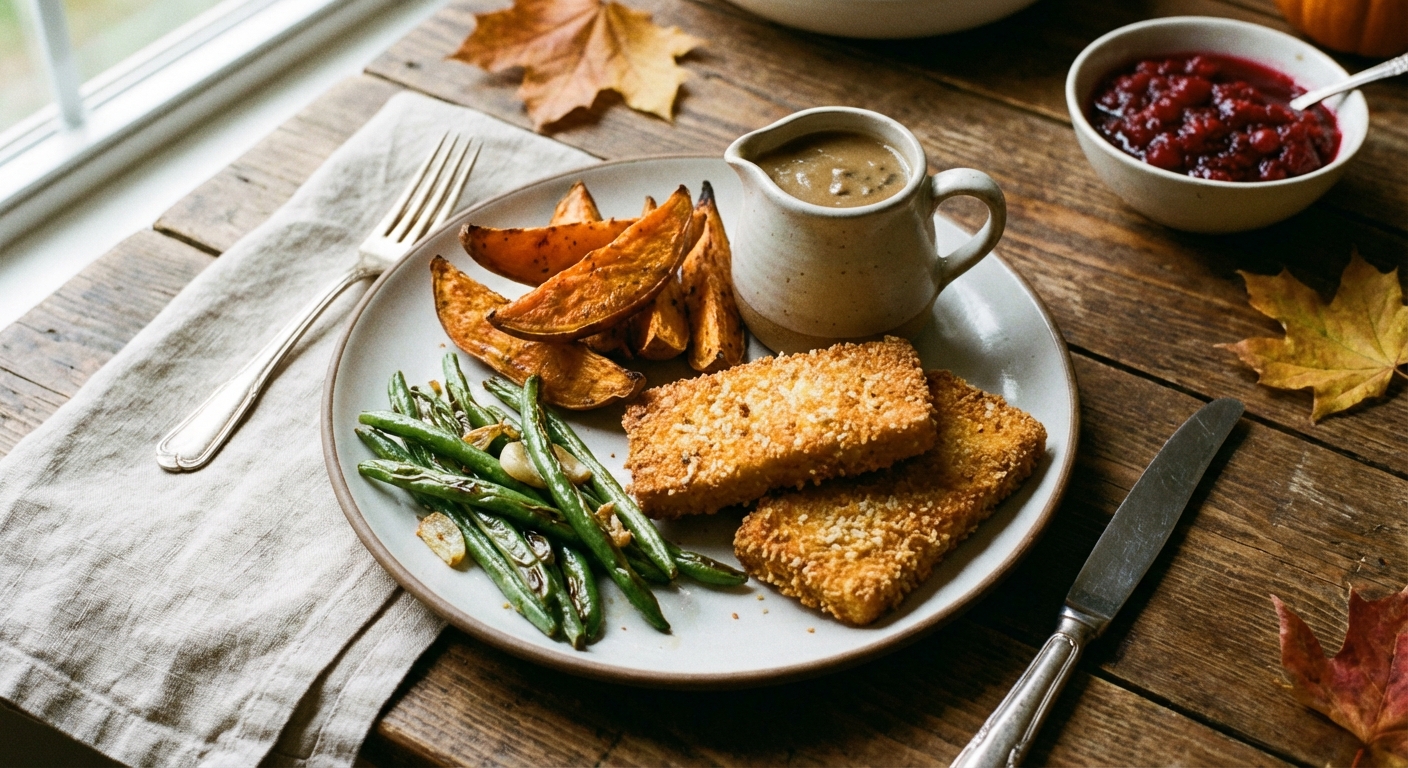 Vegan Thanksgiving Feast: Crispy Tofu Cutlets, Mushroom Gravy, Maple Sweet Potatoes, and Garlicky Green Beans