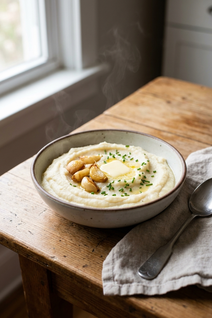 A real photograph of a warm bowl of silky mashed cauliflower topped with roasted garlic cloves and a pat of butter on a wooden kitchen table, soft natural window light