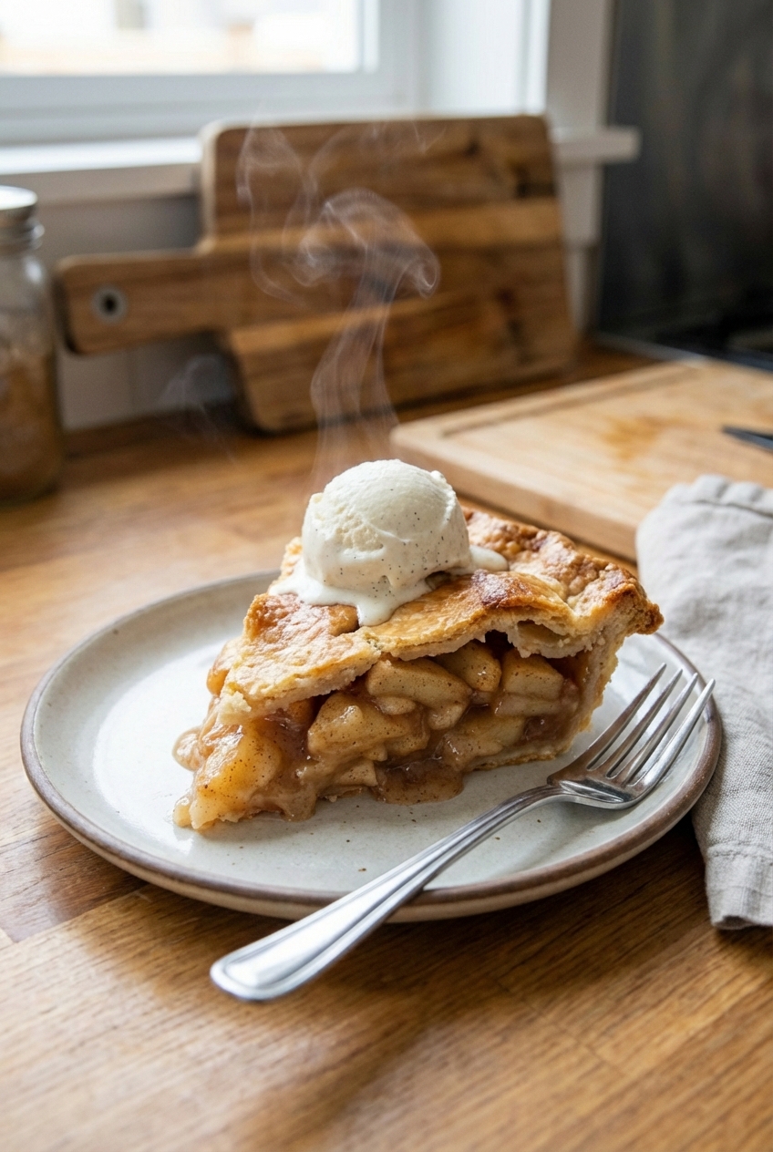 A real photograph of a warm slice of apple pie on a plate with a fork beside it