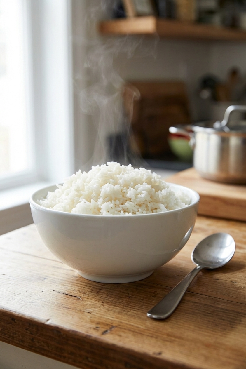 A real photograph of a white ceramic bowl filled with perfectly fluffy steamed white rice, individual grains visible, sitting on a wooden kitchen counter with a simple spoon nearby, soft natural window light