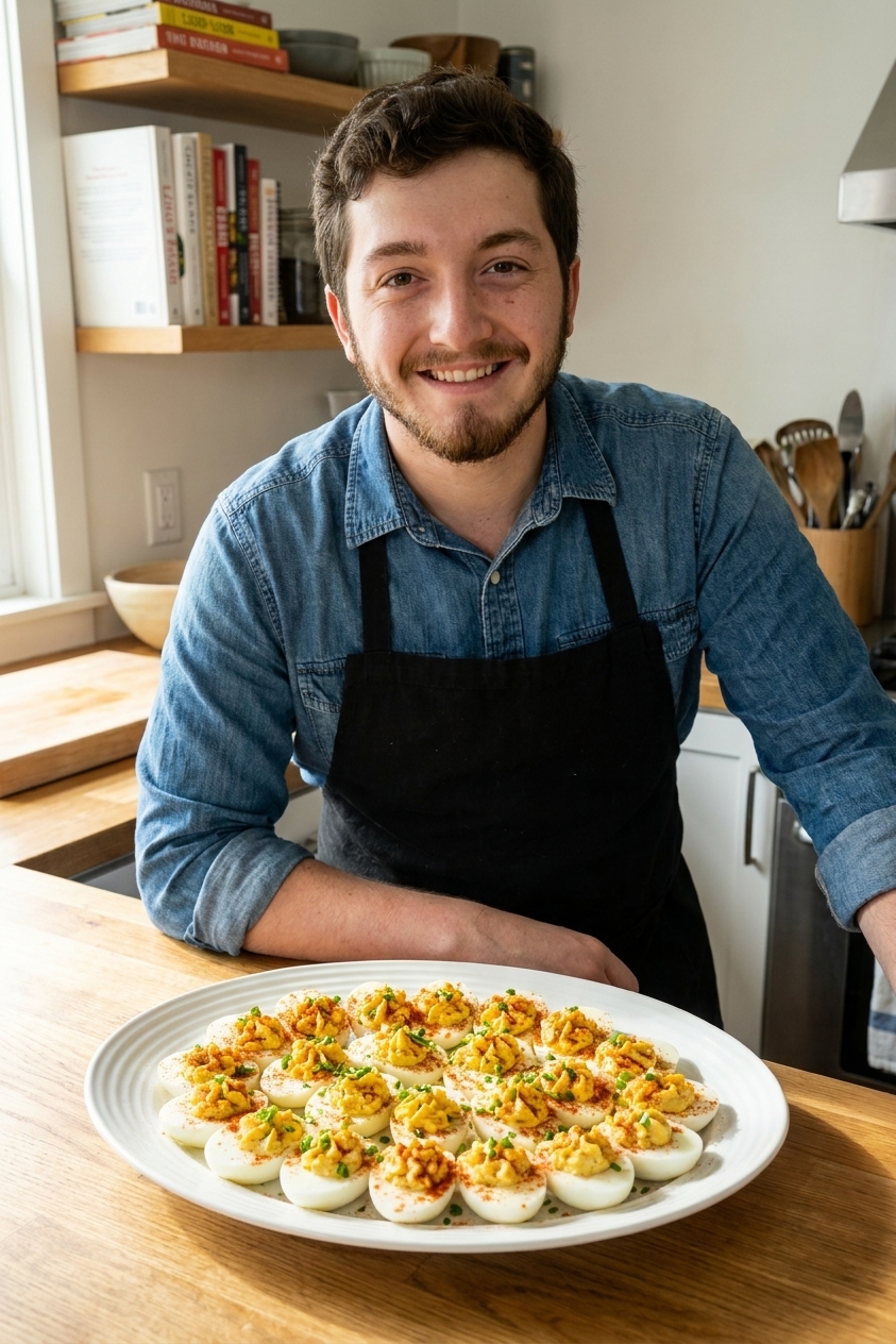A real photograph of a white ceramic platter filled with classic deviled eggs topped with paprika and fresh chives on a bright kitchen counter, natural window light
