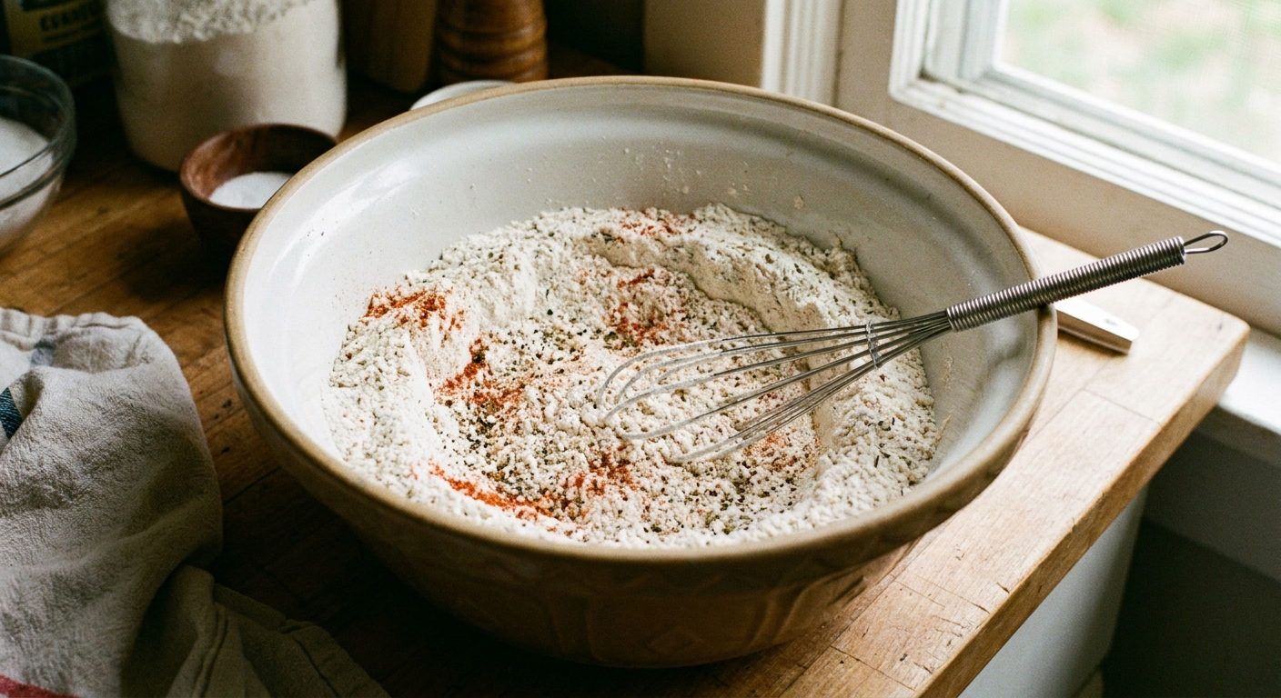 A real photograph of a wide bowl filled with seasoned flour mixture on a kitchen counter, with a whisk resting inside