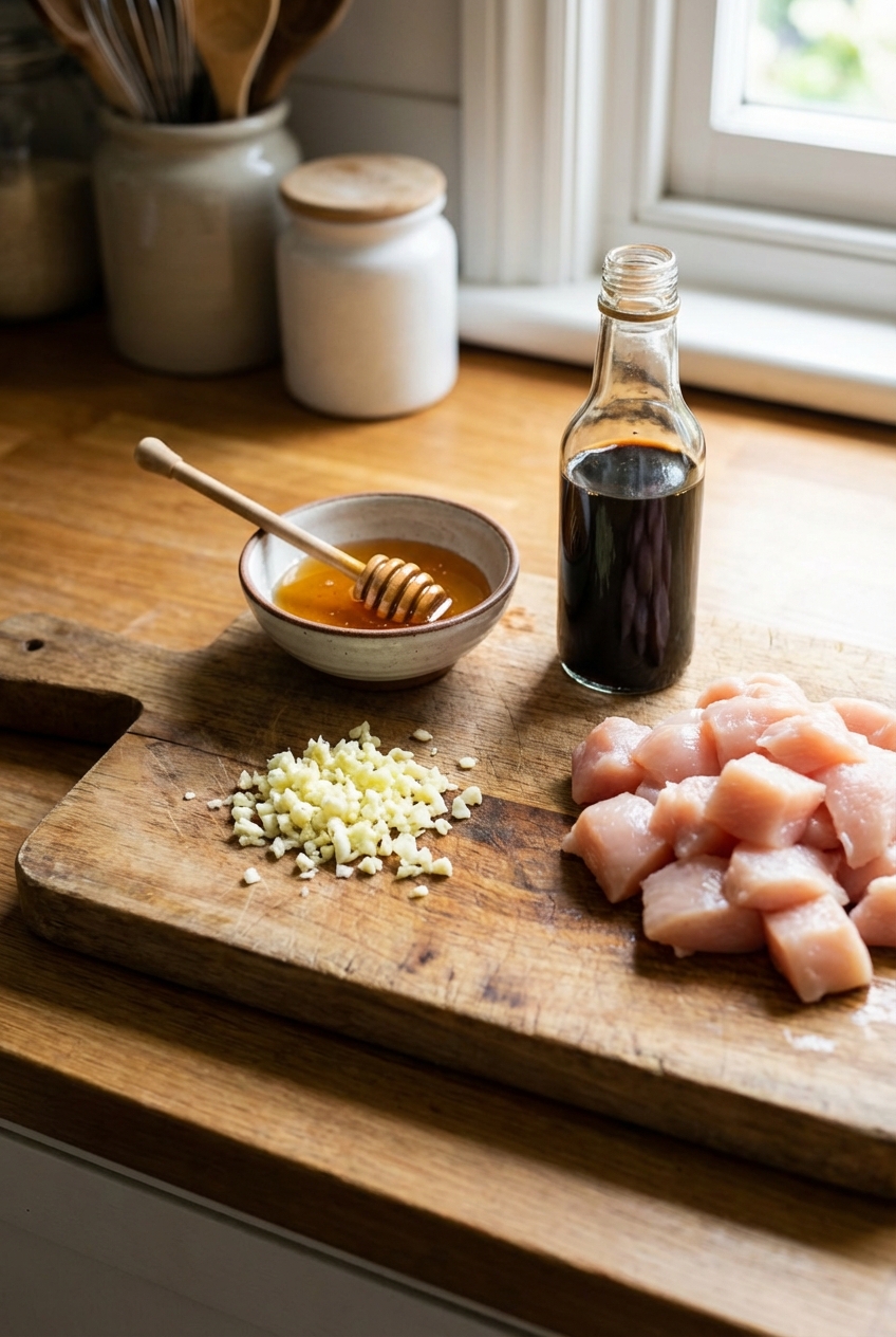 A real photograph of a wooden cutting board with chopped garlic, a small bowl of honey, and a bottle of soy sauce next to cubed raw chicken
