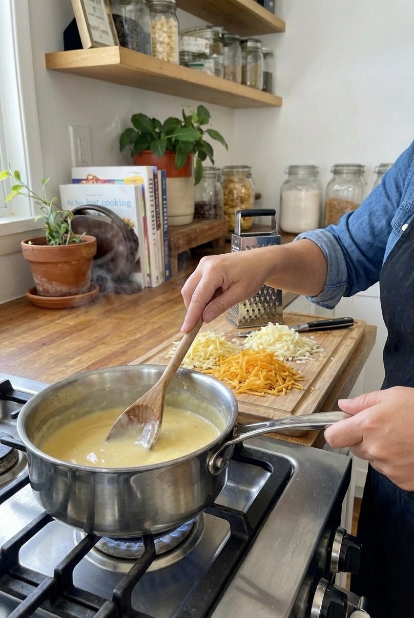 A real photograph of a wooden spoon stirring a glossy cheese sauce in a saucepan on a stovetop, with shredded cheddar and Gruyere nearby on a cutting board