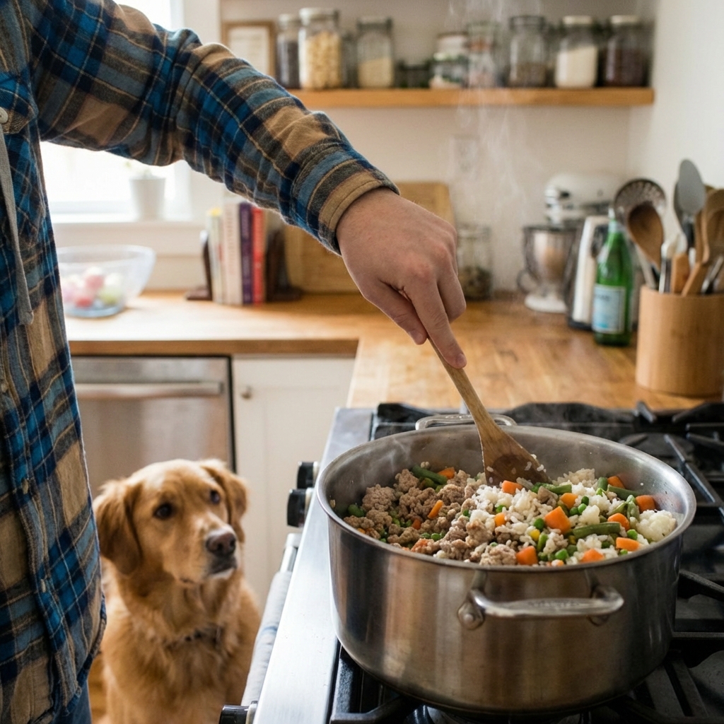 A real photograph of a wooden spoon stirring a pot of homemade dog food with ground turkey, rice, and vegetables on a stovetop