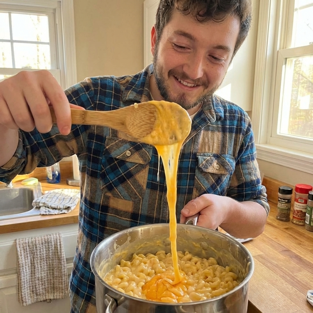 A real photograph of a wooden spoon stirring creamy mac and cheese in a pot, with melted cheddar stretching slightly as the spoon lifts