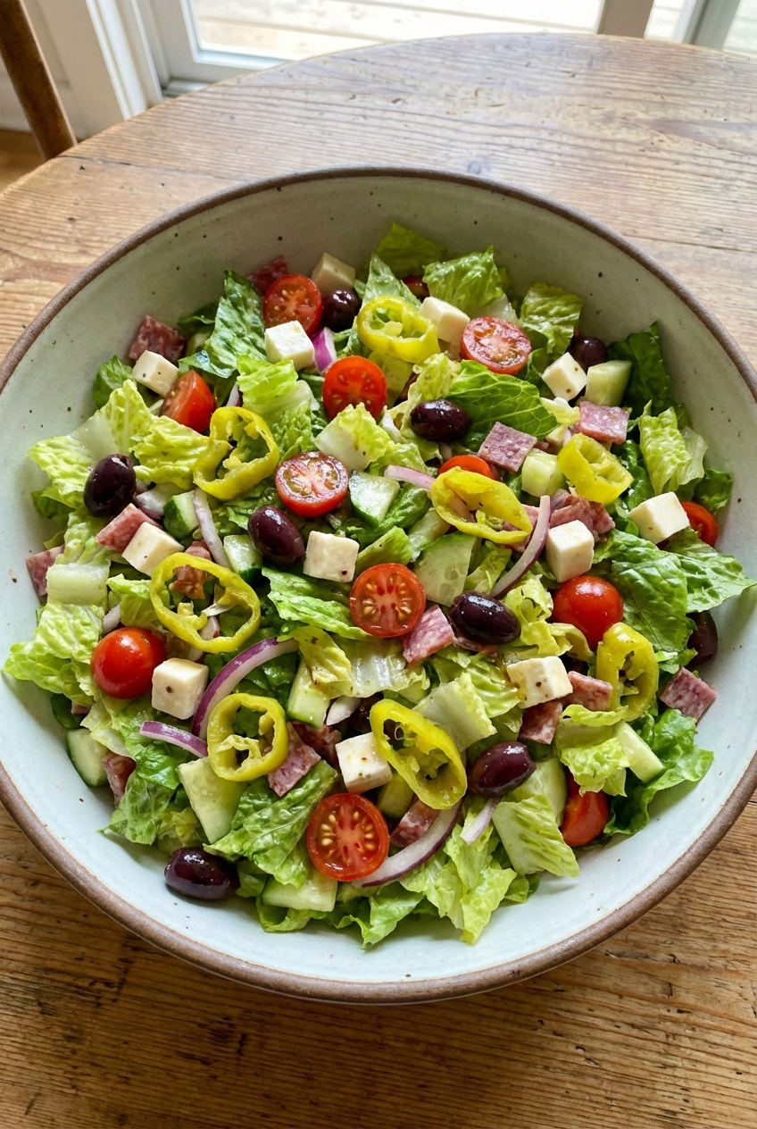 A real photograph of an Italian chopped salad in a large bowl with romaine, tomatoes, olives, and pepperoncini