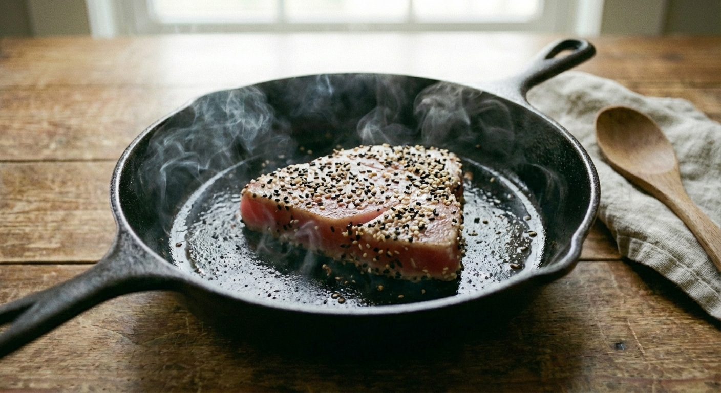 A real photograph of an ahi tuna steak searing in a hot cast iron skillet with sesame seeds on the surface