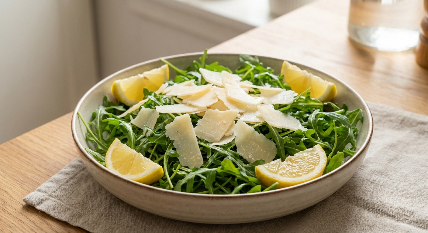 A real photograph of an arugula salad with shaved parmesan and lemon wedges in a bowl