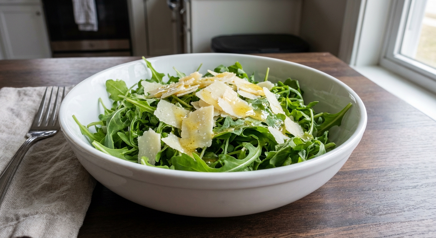 A real photograph of an arugula salad with shaved parmesan and lemon vinaigrette in a white bowl