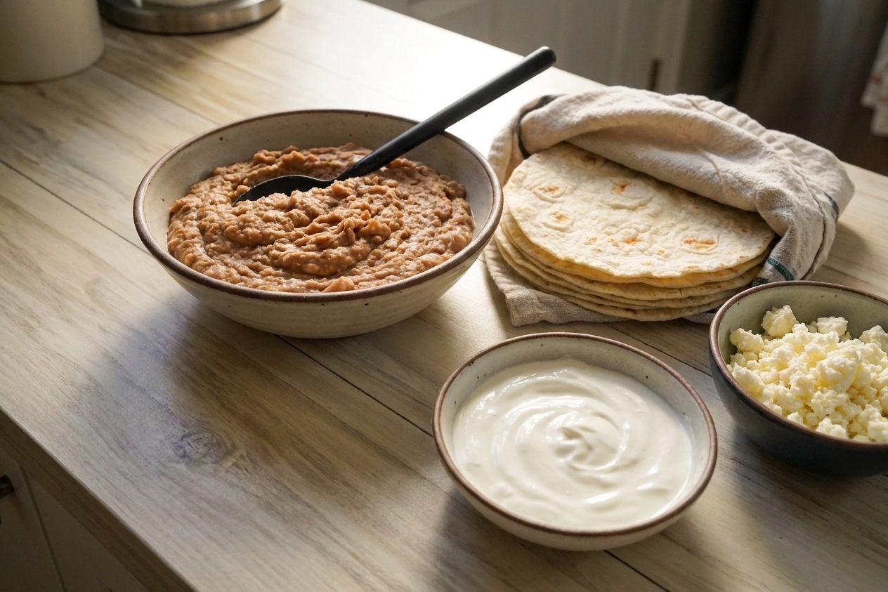 A real photograph of an assembly setup on a kitchen counter with a stack of warm tortillas, a bowl of refried beans, crema, and a bowl of crumbled queso fresco