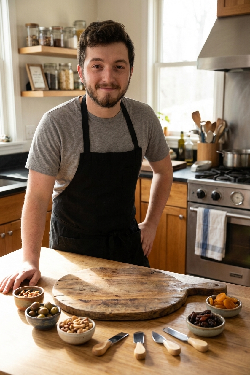 A real photograph of an empty wooden serving board on a kitchen counter with small bowls and serving utensils nearby, ready to be assembled