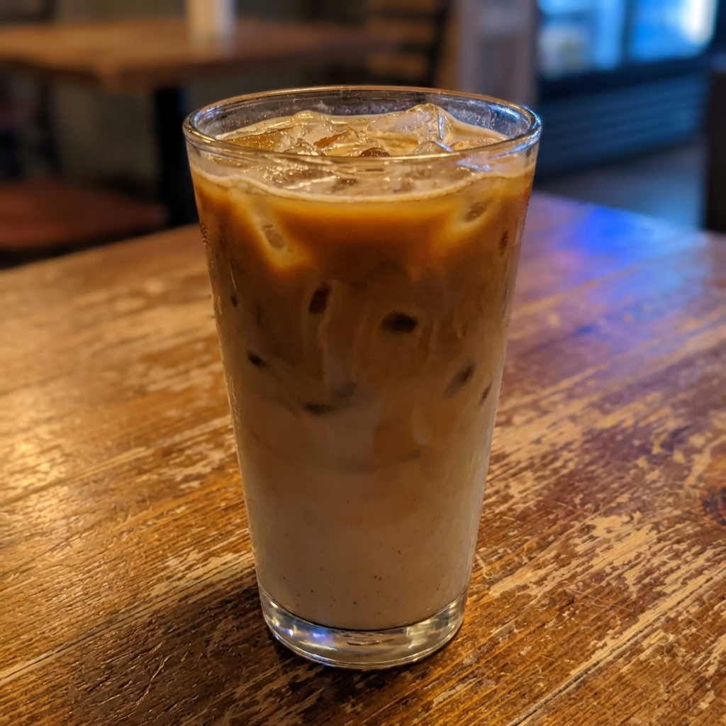 A real photograph of an iced latte in a clear glass with visible ice cubes on a wooden table