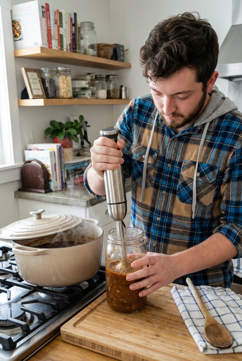 A real photograph of an immersion blender blending a portion of beef stew in a tall heat-safe jar next to a Dutch oven on a stovetop