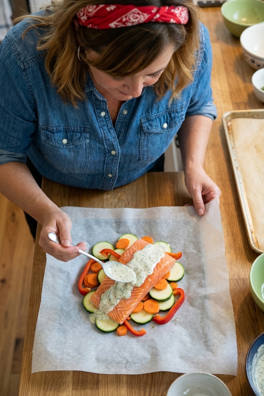 A real photograph of an uncooked salmon fillet resting on sliced zucchini, carrots, and bell pepper on parchment paper, with a spoon adding sauce before folding, overhead kitchen shot