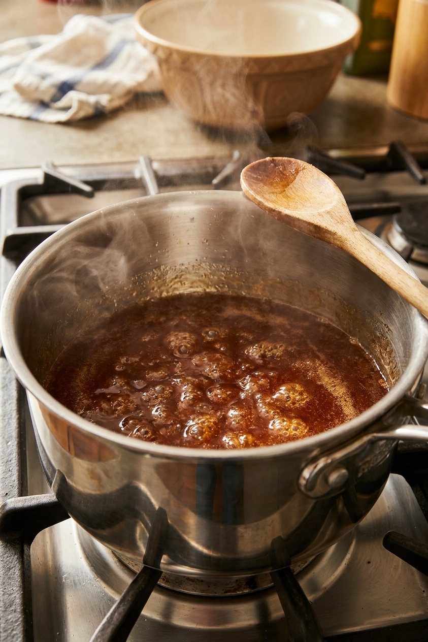 A real photograph of apple cider simmering in a stainless steel saucepan on a stovetop, reduced to a darker amber syrup with light steam rising