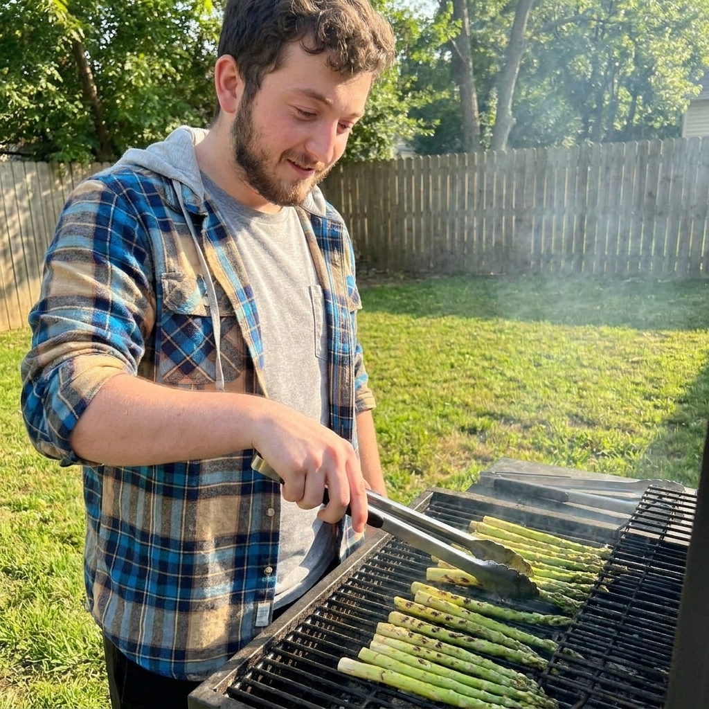 A real photograph of asparagus spears on a backyard grill with light char marks, tongs turning them over