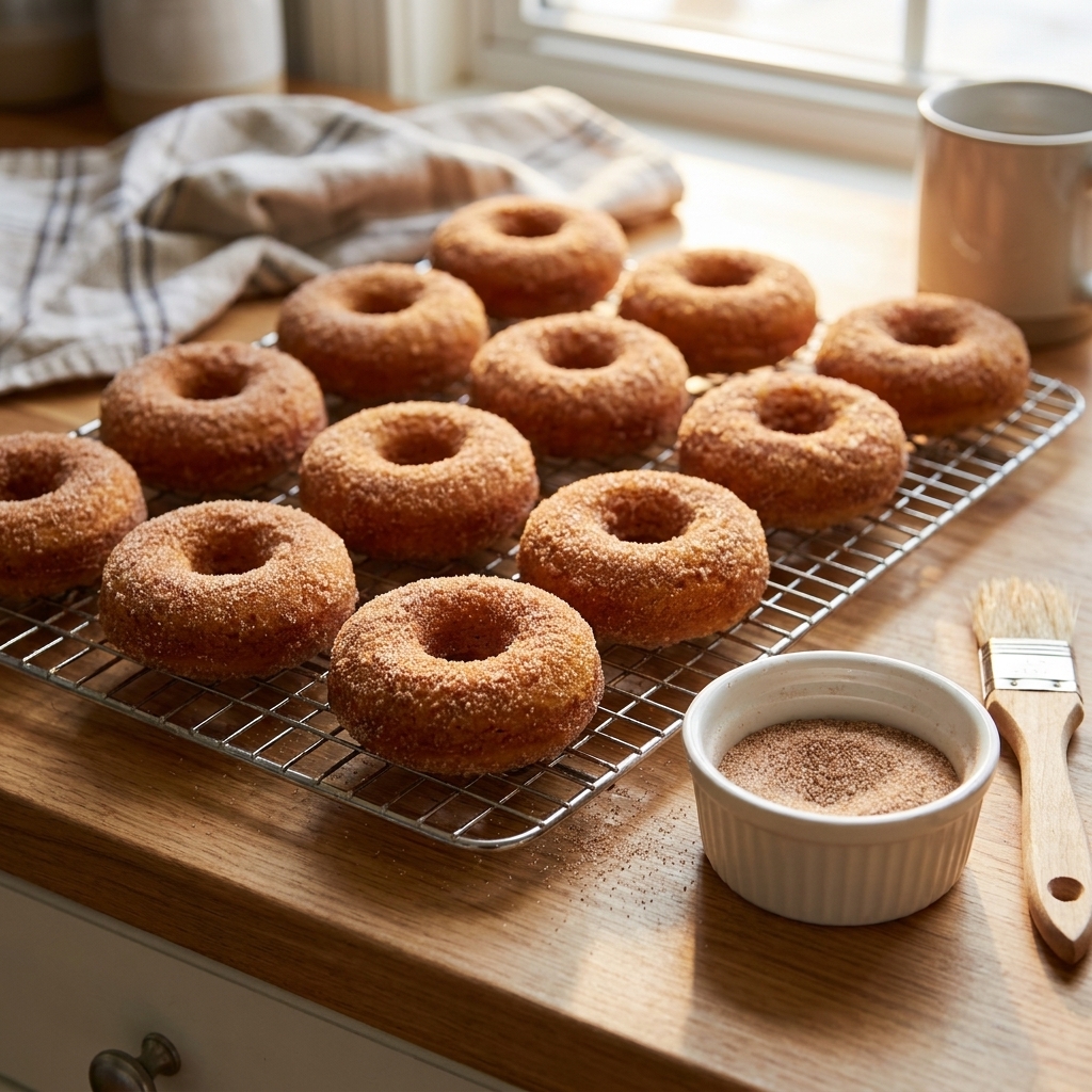 A real photograph of baked apple cider donuts resting on a wire cooling rack with a small bowl of cinnamon sugar and a pastry brush nearby