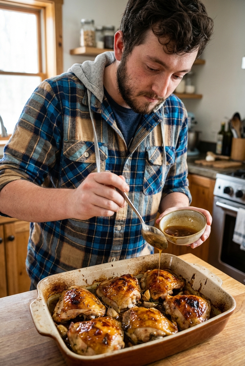 A real photograph of baked chicken thighs in a baking dish being spooned with glossy honey garlic pan sauce