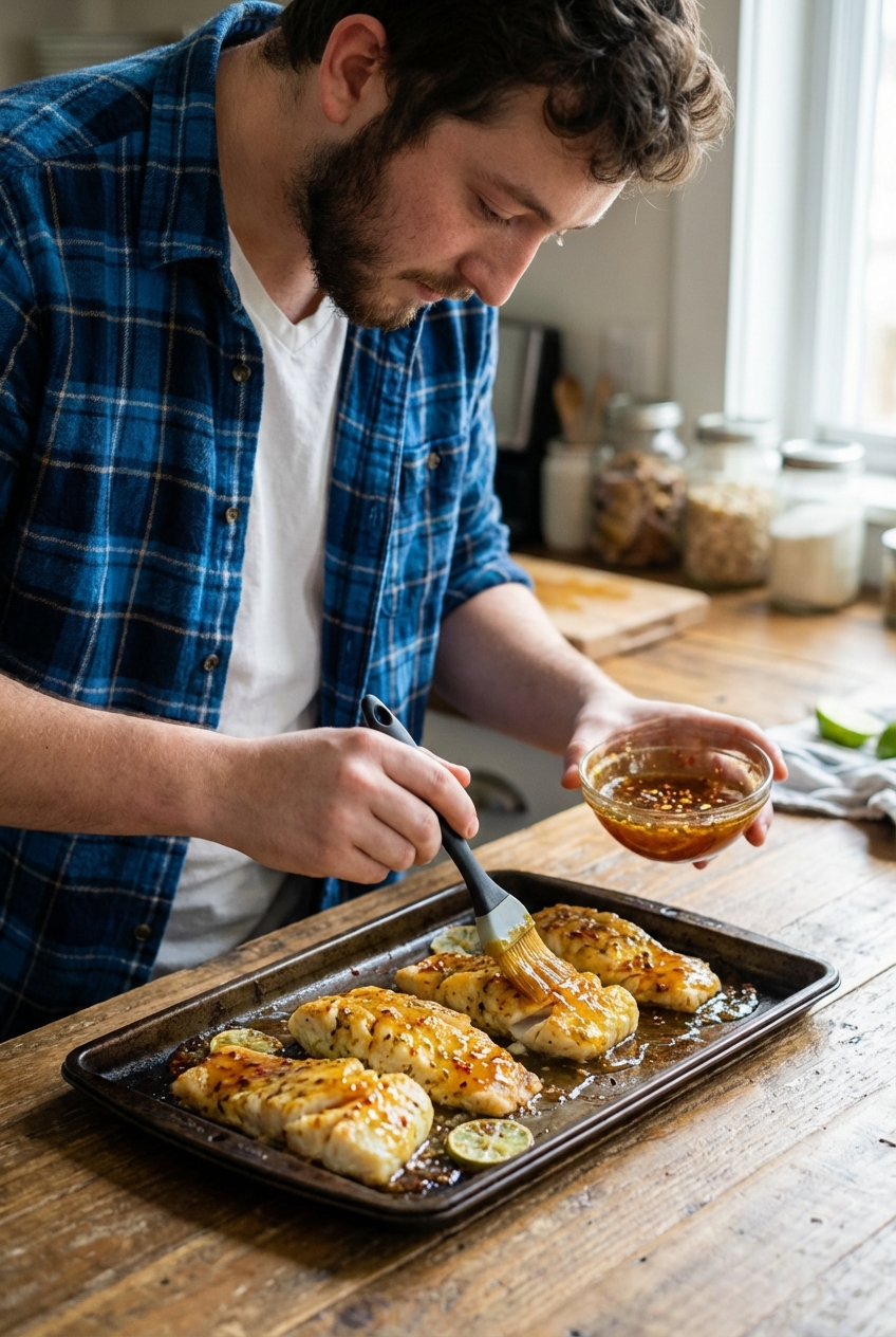 A real photograph of baked cod fillets on a sheet pan being brushed with a glossy honey lime chili glaze