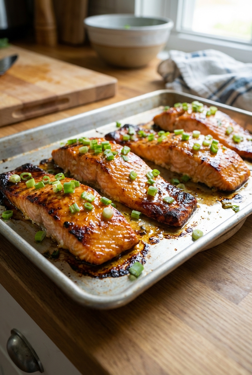 A real photograph of baked salmon fillets on a sheet pan with caramelized edges and a glossy citrus glaze, garnished with green onions
