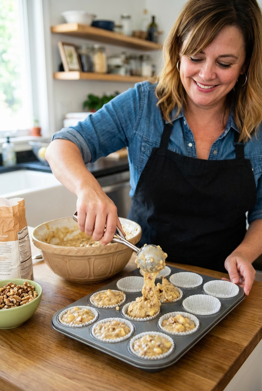 A real photograph of banana nut muffin batter being scooped into a lined muffin tin