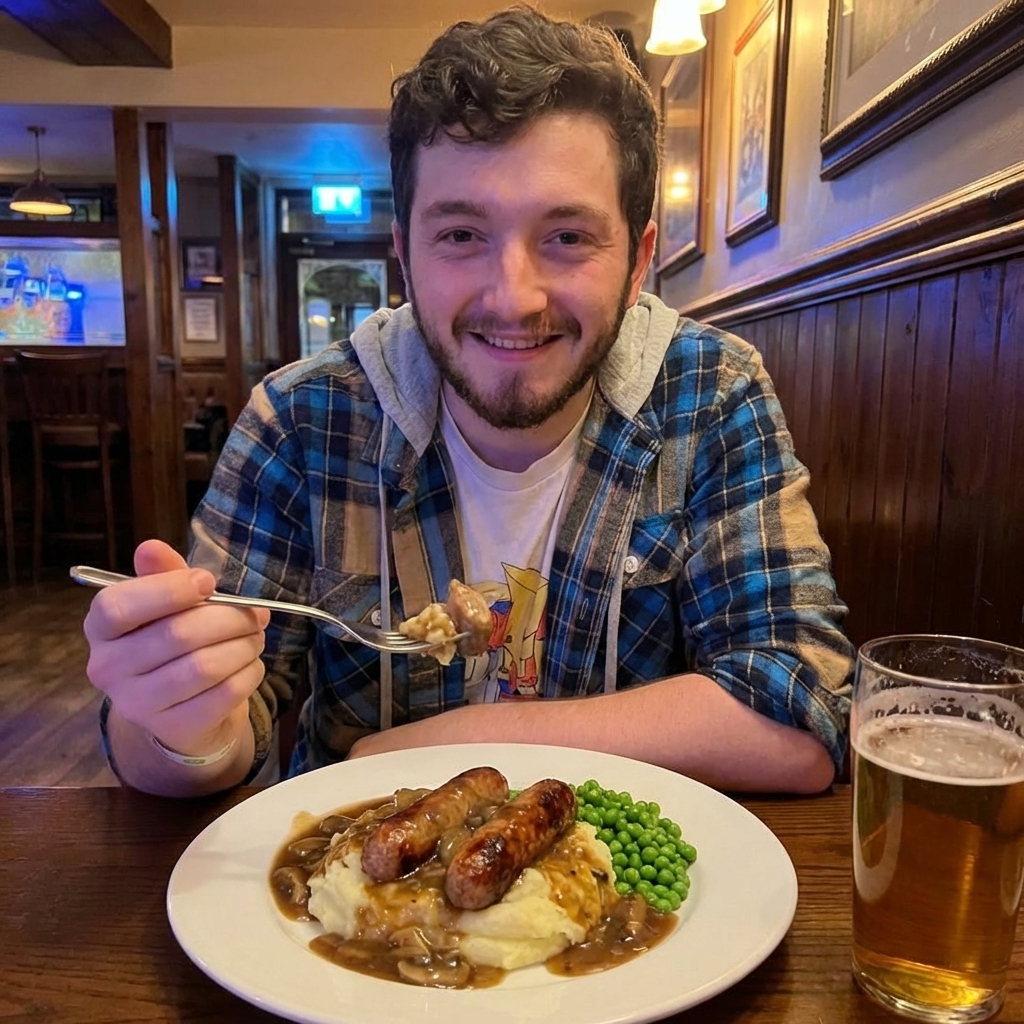 A real photograph of bangers and mash plated with browned pork sausages on creamy mashed potatoes, glossy onion-mushroom gravy spooned over the top, and green peas on the side, warm pub-style lighting
