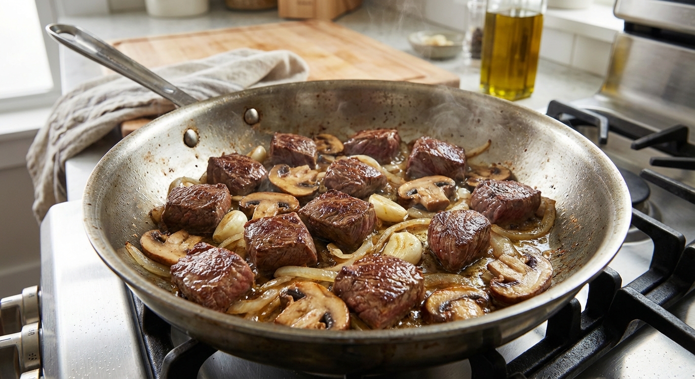 A real photograph of beef and mushrooms browning in a stainless steel skillet with onions and garlic