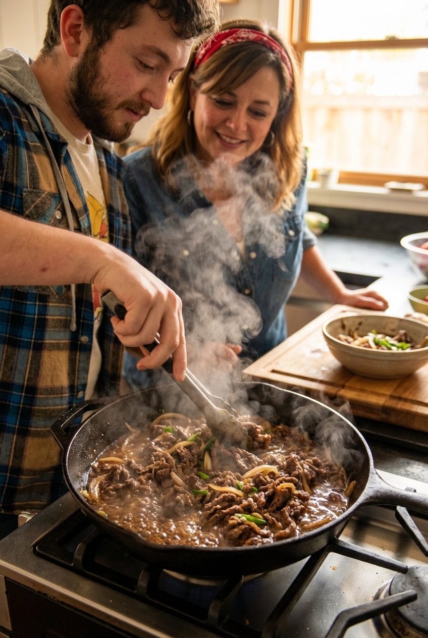 A real photograph of beef bulgogi cooking in a hot skillet with visible caramelized sauce bubbling and steam rising