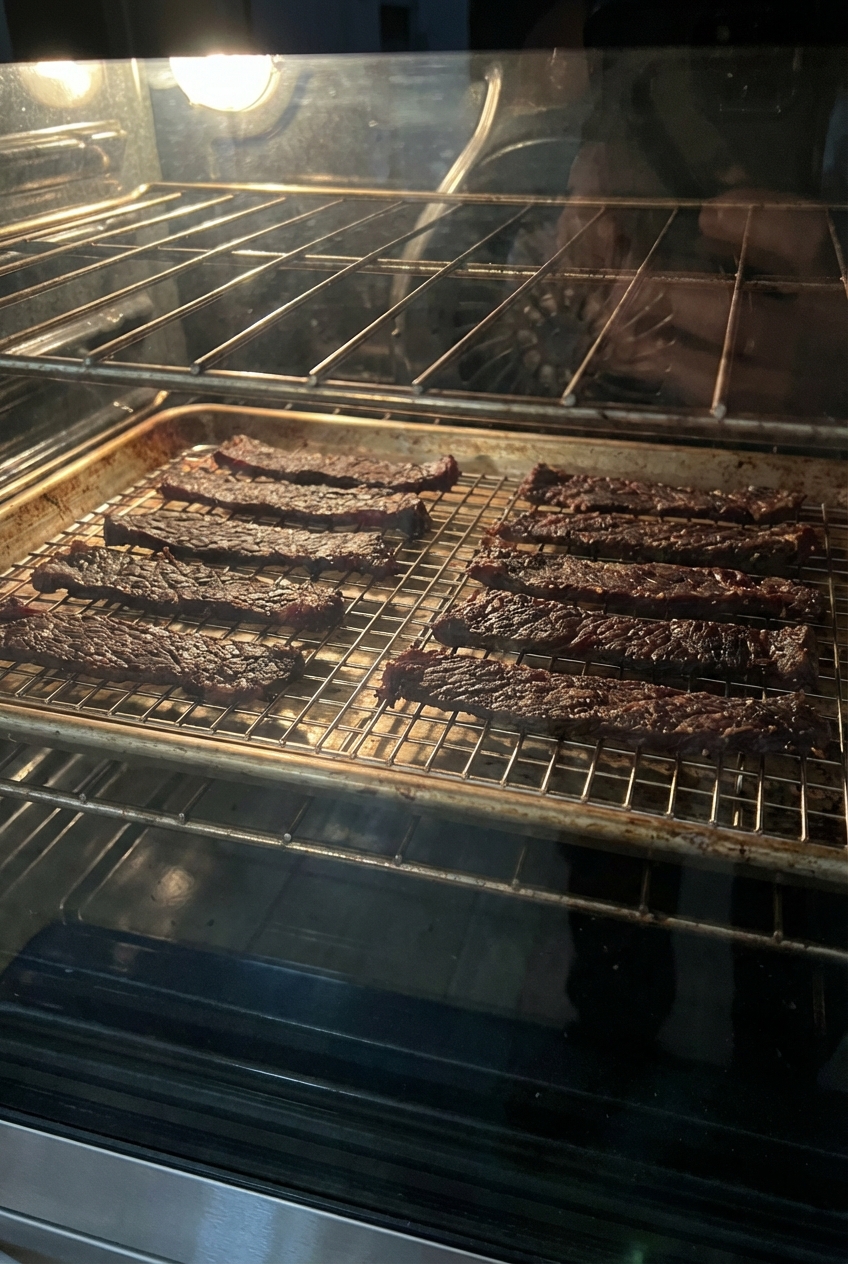 A real photograph of beef jerky strips drying on a wire rack on a sheet pan inside an oven