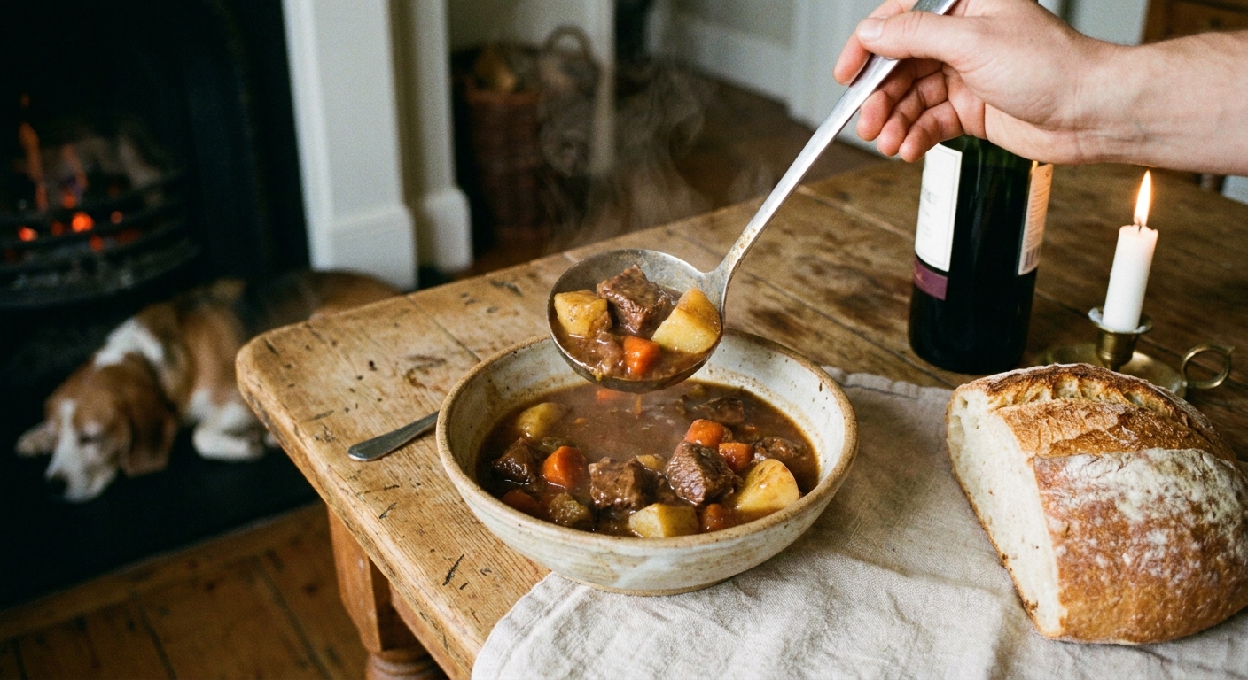 A real photograph of beef stew being ladled into a bowl, showing tender beef, potatoes, and carrots in rich gravy on a cozy dinner table