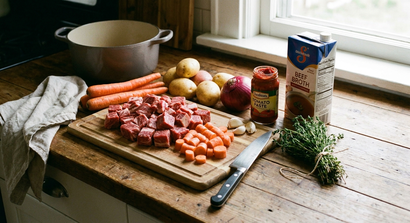 A real photograph of beef stew ingredients arranged on a kitchen counter, including cubed chuck roast, carrots, potatoes, onion, garlic, tomato paste, beef broth, and fresh thyme