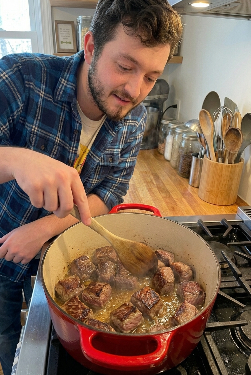 A real photograph of beef stew meat being browned in a hot Dutch oven with visible caramelized crust on the edges