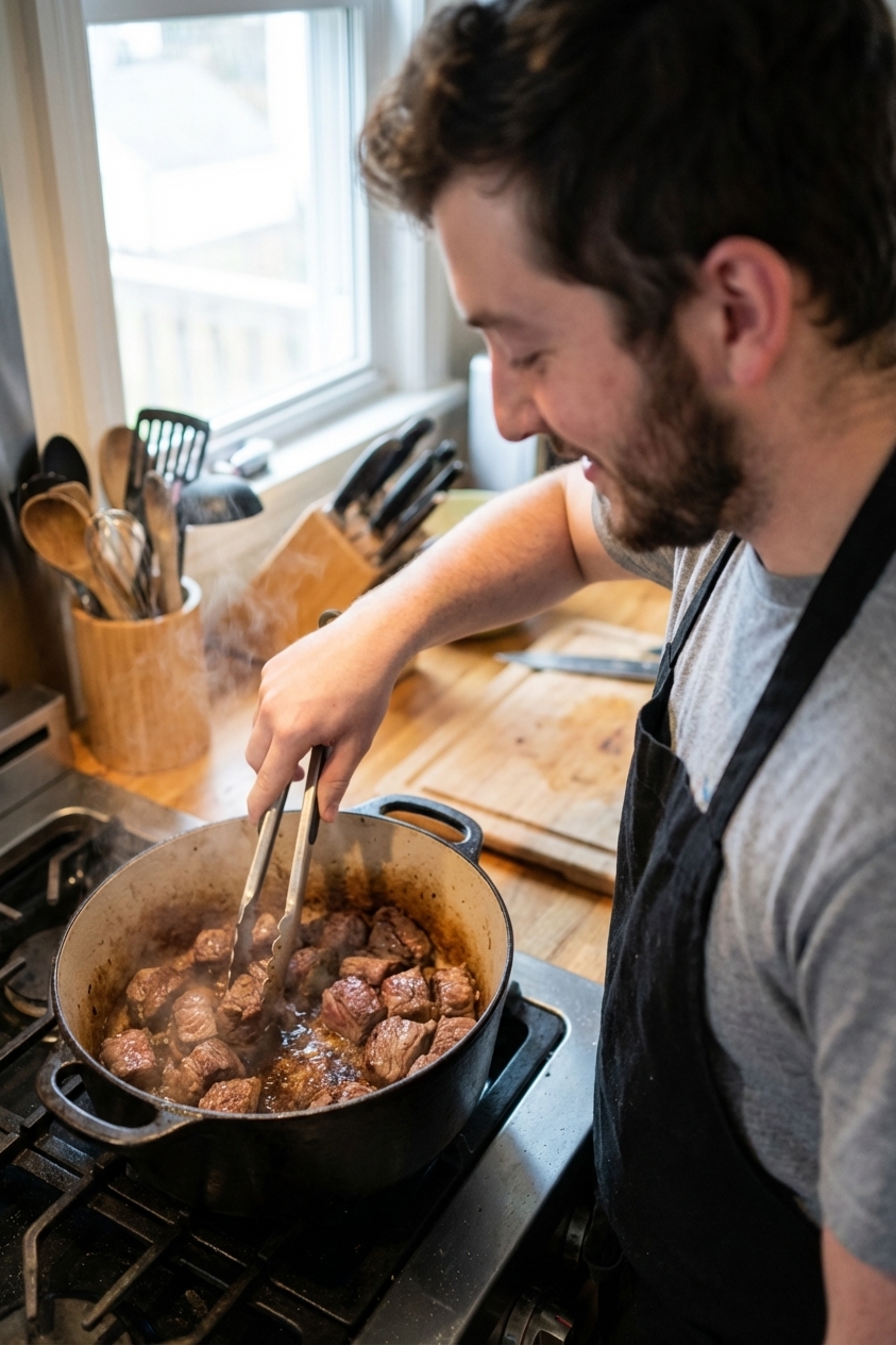 A real photograph of beef stew meat chunks browning in a Dutch oven with visible browned bits on the bottom of the pot, shot over a stovetop