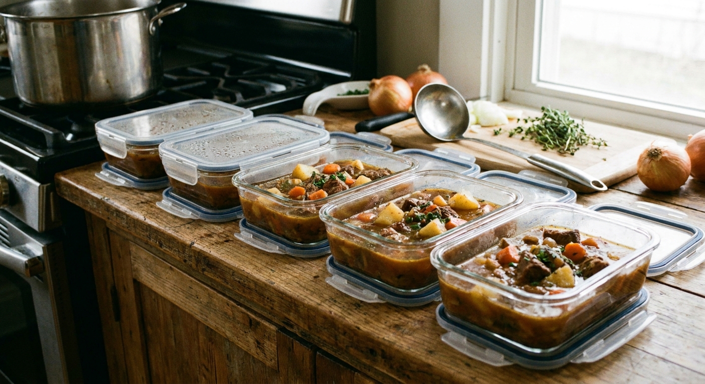 A real photograph of beef stew portioned into glass meal prep containers with lids on a kitchen counter